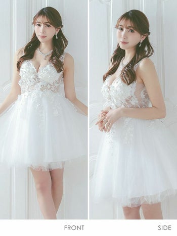 [インポート]立体フラワー 刺繍 レース シフォン チュール ワンカラー ノースリーブ フレア ミニドレス[ホワイト][XSあり][森咲智美/キャバドレス着用][1863]