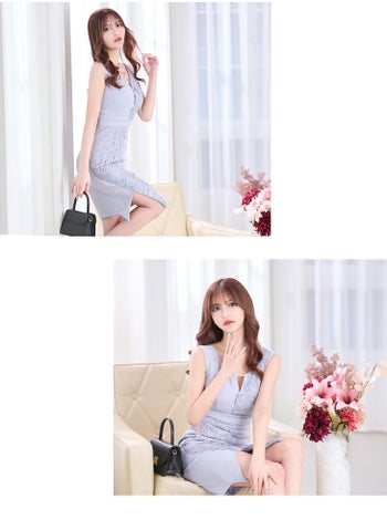 DEA by ROBEdeFLEURS[ディア バイ ローブドフルール]ケミカルレース アシンメトリー ワンカラー ノースリーブ タイト 高級ひざ丈ドレス[アイボリー][Lあり][れみ/キャバドレス着用][2858-0]