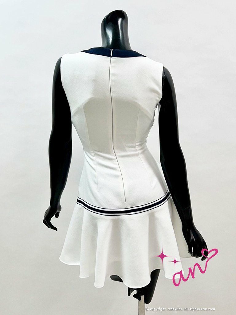 an[アン]バイカラー 裾フリル フレア ボタン スクエアネック ミニ 高級ミニドレス[ホワイト][ゆめ/キャバドレス着用][3404]