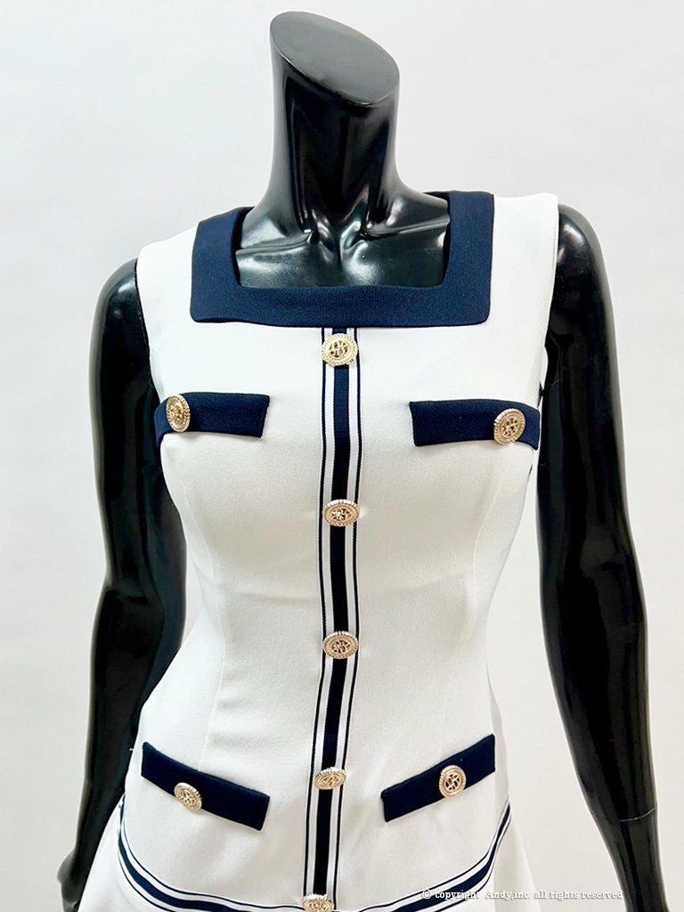 an[アン]バイカラー 裾フリル フレア ボタン スクエアネック ミニ 高級ミニドレス[ホワイト][ゆめ/キャバドレス着用][3404]