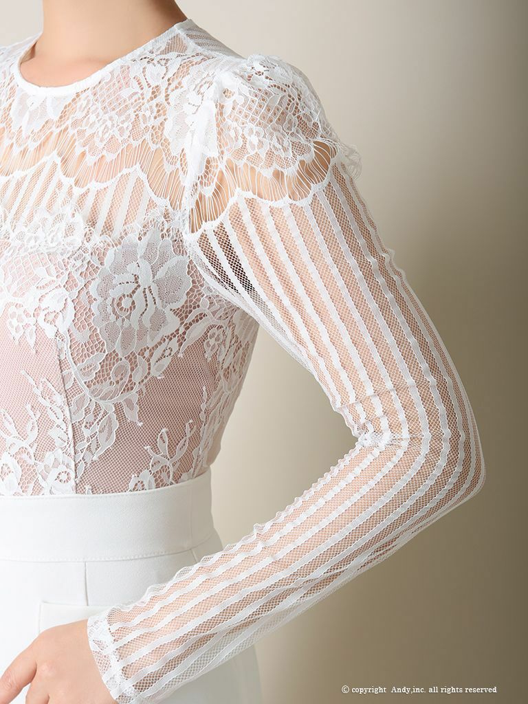 Andy[アンディ]シアーレース 長袖 タイト フリル 高級 ミニドレス[ホワイト×ベージュ][青田 夏奈/キャバドレス着用][2477-0]