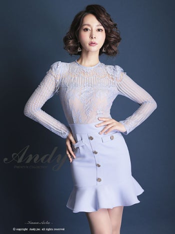 Andy[アンディ]シアーレース 長袖 タイト フリル 高級 ミニドレス[ブラック×ベージュ][青田 夏奈/キャバドレス着用][2477-1]