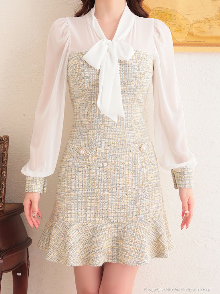 an[アン]ネックリボン 長袖 袖あり ツイード 切り替え タイト マーメイド パール 高級ミニドレス[ホワイト×イエロー][ゆめ/キャバドレス着用][3342]