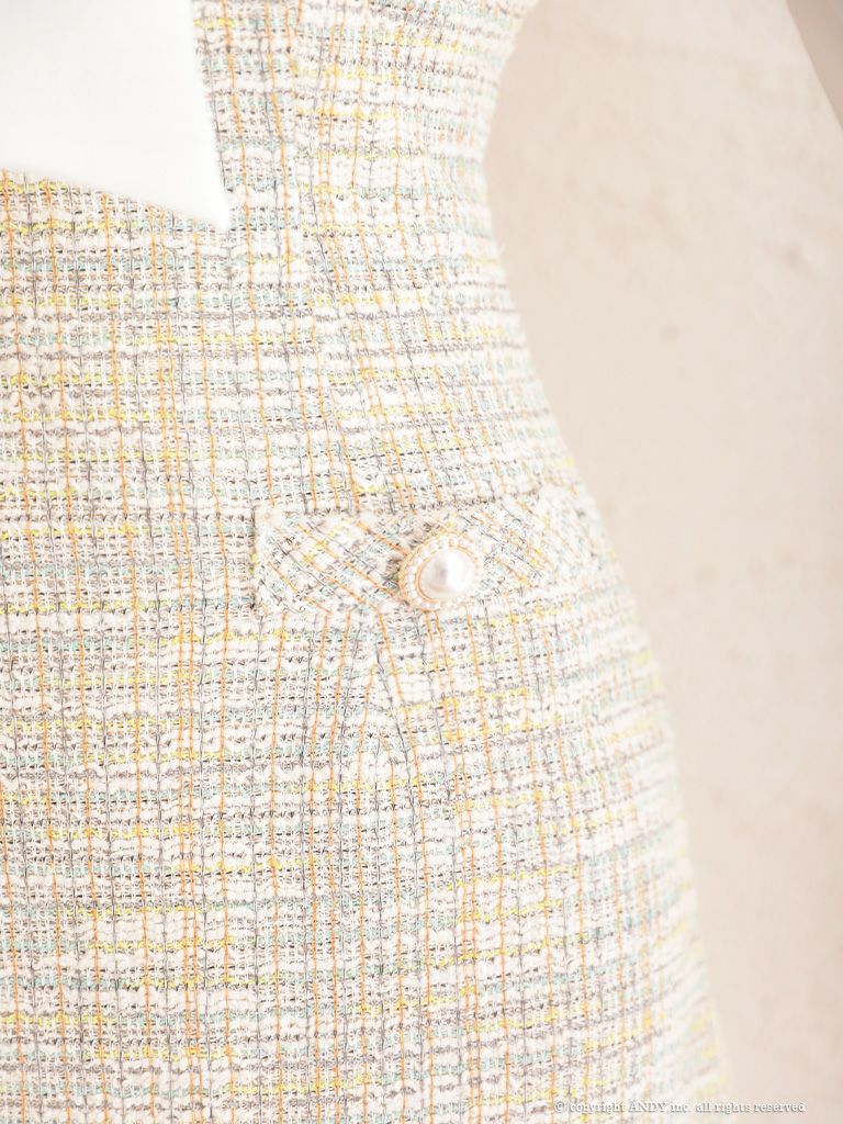 an[アン]ネックリボン 長袖 袖あり ツイード 切り替え タイト マーメイド パール 高級ミニドレス[ホワイト×イエロー][ゆめ/キャバドレス着用][3342]