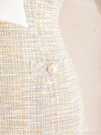 an[アン]ネックリボン 長袖 袖あり ツイード 切り替え タイト マーメイド パール 高級ミニドレス[ホワイト×イエロー][ゆめ/キャバドレス着用][3342]