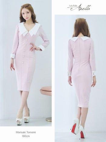 Anella[アネラ]バイカラー ビック襟付き タイト 高級ひざ丈ドレス[ピンク][Lあり][一条響 / キャバドレス着用]