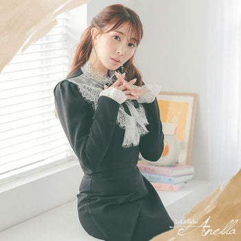 【Anella/アネラ】リボン×レース バイカラー セットアップ 袖あり タイトひざ丈ドレス