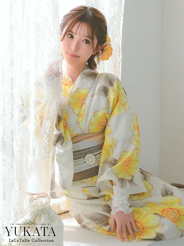 [浴衣 選べる帯]ベージュ×ポピー柄 ゆかた3点SET[浴衣+平帯or作り帯+下駄][橋本梨菜着用]