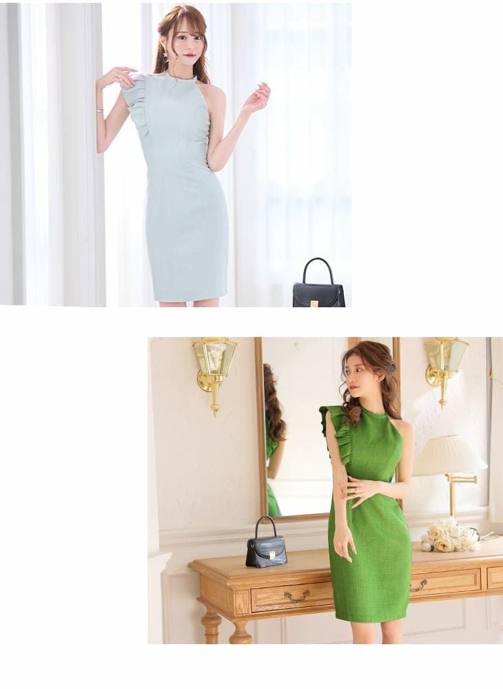 DEA by ROBEdeFLEURS[ディア バイ ローブドフルール]スプリング ツイード アシンメトリー フリル ワンカラー ノースリーブ タイト 高級ひざ丈ドレス[グリーン][Lあり][ゆりお/キャバドレス着用][2927]