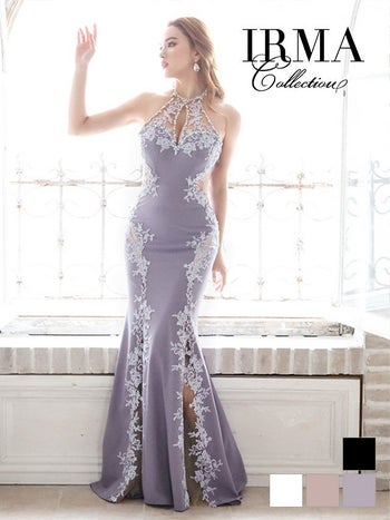 IRMA[イルマ]刺繍 レース サイドシアー ビジュー ホルターネック マーメイド タイト 高級ロングドレス[ダブグレー][カレン/キャバドレス着用][31334]