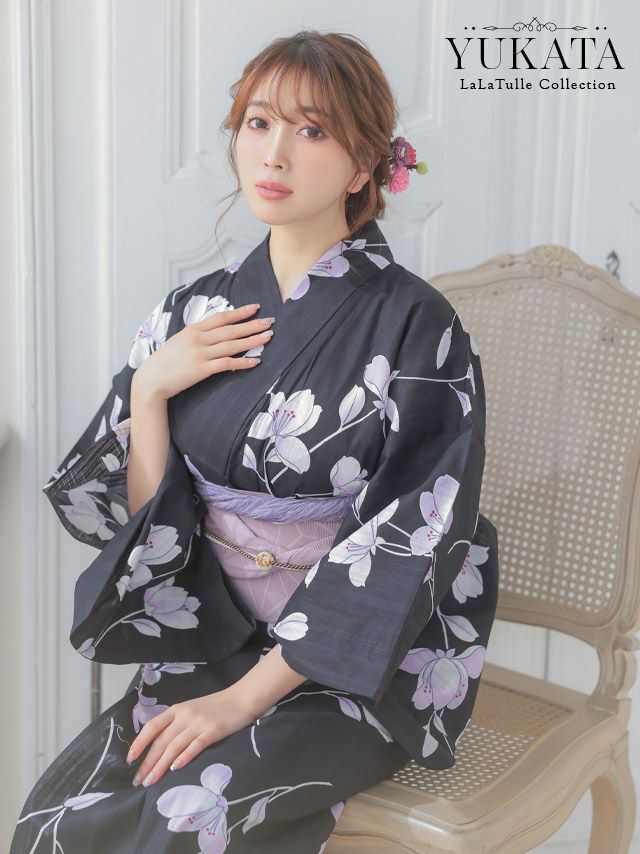 2026 浴衣 LaLaTulle | SALE【浴衣】炭黒×菖蒲ゆかた 2点SET [浴衣+平