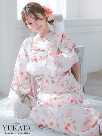 浴衣 ピンク色 花柄 ガーリー ニュアンス ゆかた3点SET 浴衣 平帯 作り帯 下駄