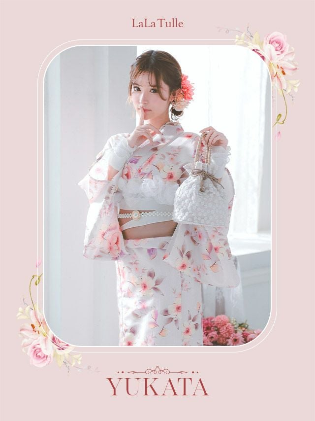 [浴衣 帯が選べる]ピンク色×花柄 ゆかた3点SET[浴衣+平帯or作り帯+下駄][伊藤桃々着用]