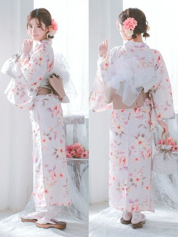 [浴衣 帯が選べる]ピンク色×花柄 ゆかた3点SET[浴衣+平帯or作り帯+下駄][伊藤桃々着用]