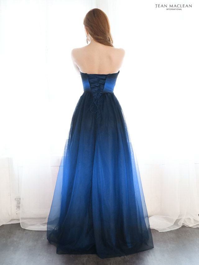 JEANMACLEAN[ジャンマクレーン]グラデーション ワンカラー ビジュー Aライン フレア ベア フレア 高級ロングドレス[ネイビーブルー][Lあり][KAREN/キャバドレス着用][31325]