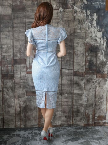 JEANMACLEAN [ジャンマクレーン]刺繍 総レース ワンカラー フリル ノースリーブ タイト 高級ミディアム丈ドレス[ブルー][ゆめ/キャバドレス着用][35841]