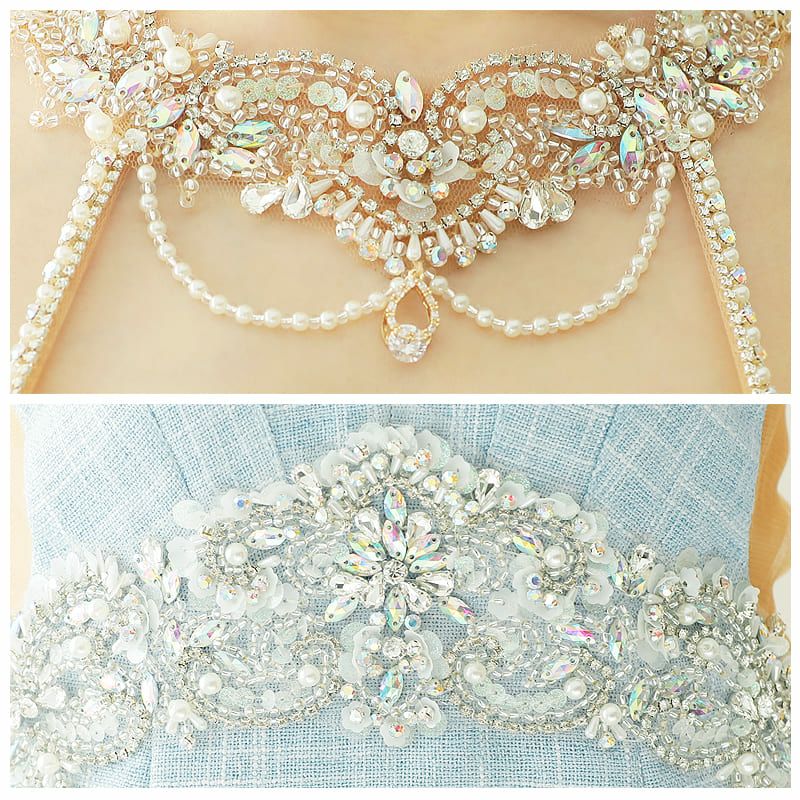 AngelR[エンジェルアール]デコルテ パール ビジュー バストタック ツイード チェック タイト 高級 ミニドレス[ラベンダーブルー][XSあり][葉月 芽生/キャバドレス着用][23210]