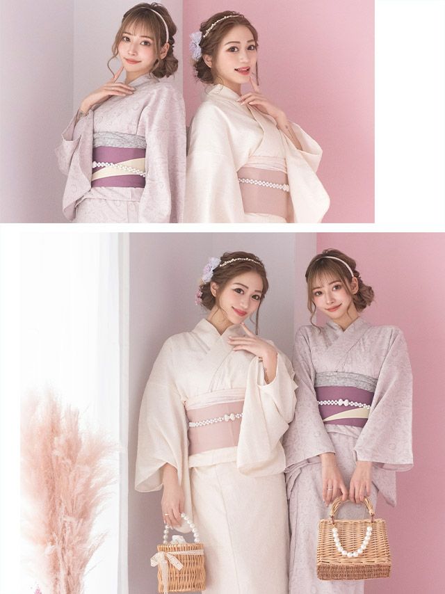 [浴衣 帯が選べる]くすみピンク×花柄 シフォン生地 高級ゆかた3点SET[浴衣+平帯or作り帯+下駄][PyunA.着用]
