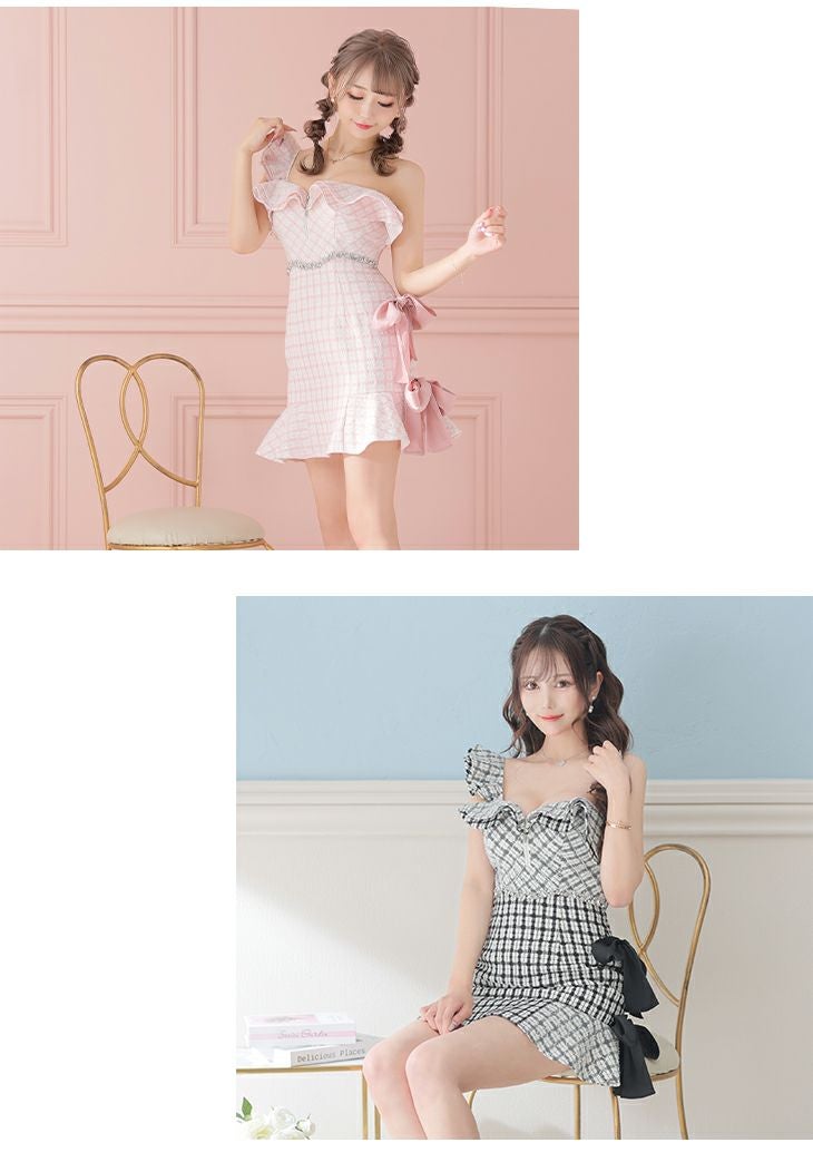ROBE de FLEURS[ローブドフルール]ツイード フロントジップ チェック サイドリボン ワンショルダー タイト 高級ミニドレス[XSあり][ピンク][ナちゃん/キャバドレス着用][2914-0]
