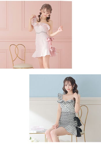 ROBE de FLEURS[ローブドフルール]ツイード フロントジップ チェック サイドリボン ワンショルダー タイト 高級ミニドレス[XSあり][ブラック][りょうか/キャバドレス着用][2914-1]