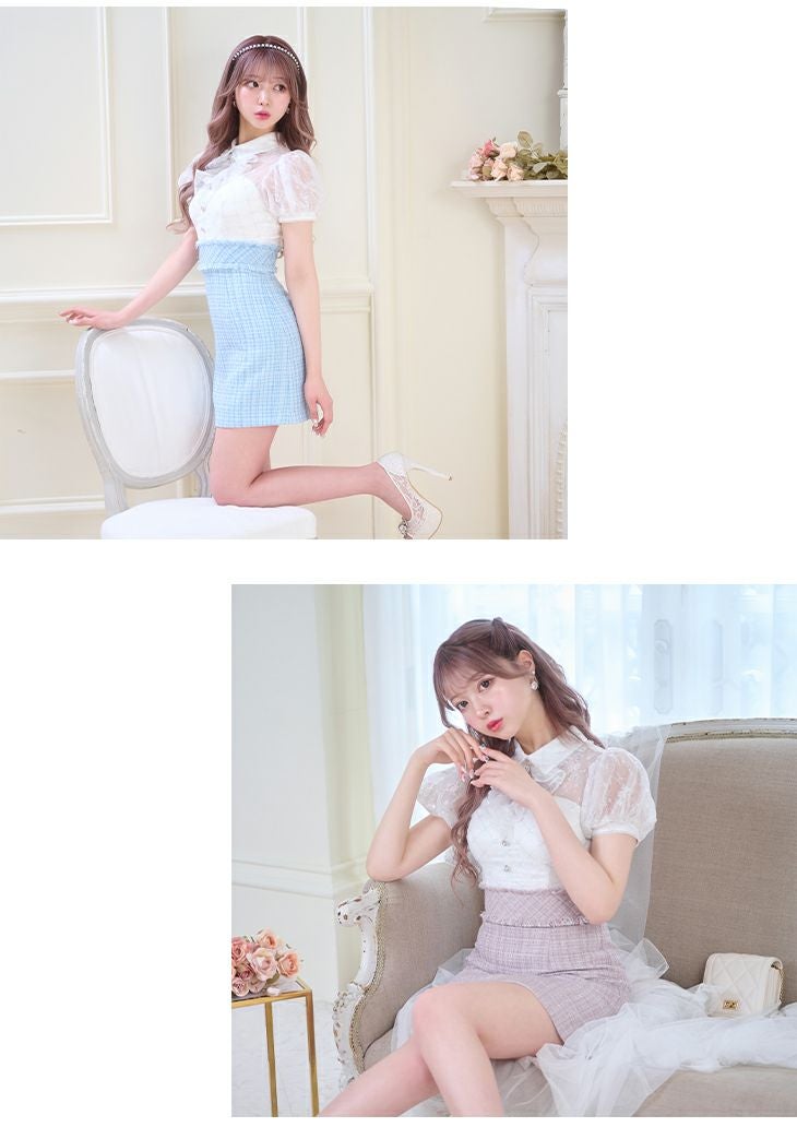 ROBE de FLEURS[ローブドフルール]パフスリーブ 半袖 襟付き シースルー ラメツイード タイト 高級ミニドレス[XS/Lあり][ピンク][ナちゃん/キャバドレス着用][2753-0]