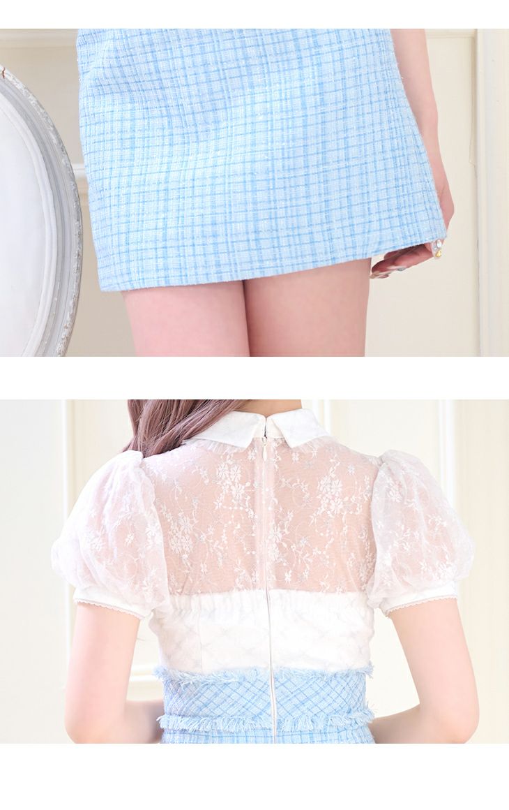 ROBE de FLEURS[ローブドフルール]パフスリーブ 半袖 襟付き シースルー ラメツイード タイト 高級ミニドレス[XS/Lあり][グレー][ナちゃん/キャバドレス着用][2753-1]