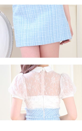 ROBE de FLEURS[ローブドフルール]パフスリーブ 半袖 襟付き シースルー ラメツイード タイト 高級ミニドレス[XS/Lあり][グレー][ナちゃん/キャバドレス着用][2753-1]