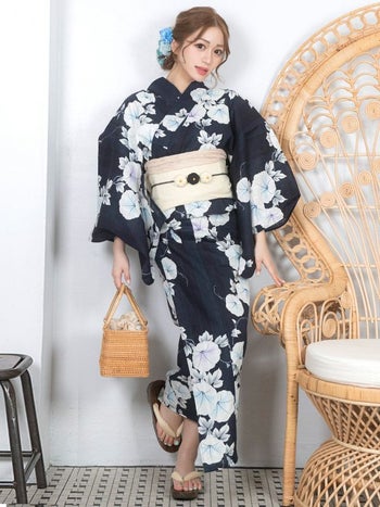 [浴衣 帯が選べる]紺色×朝顔柄 ゆかた3点SET[浴衣+平帯or作り帯+下駄][なぎ着用]
