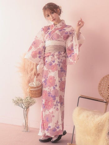 [浴衣]白色×水彩タッチ花柄 ゆかた3点SET[浴衣+兵児帯+下駄][浦西ひかる着用]