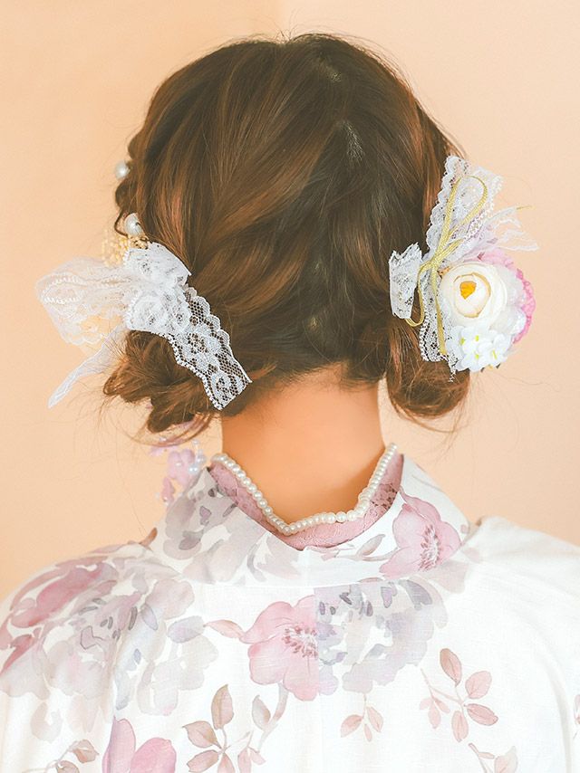 [髪飾り]くすみカラーフラワー×レースリボンヘアアクセサリー 11点セット(ブルー/パープル)