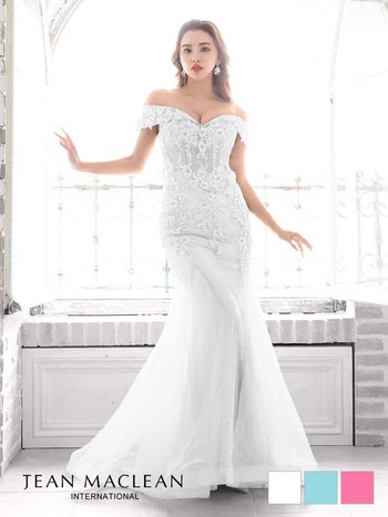 JEANMACLEAN[ジャンマクレーン]刺繍 レース 立体フラワー ワンカラー オフショル チュール マーメイド タイト 高級ロングドレス[アイボリー][Lあり][KAREN/キャバドレス着用][31341-0]