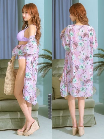 花柄 ブラウス ガウン付き ボタニカル タックデザイン 三角 ビキニ[パープル][浦西ひかる/水着着用]