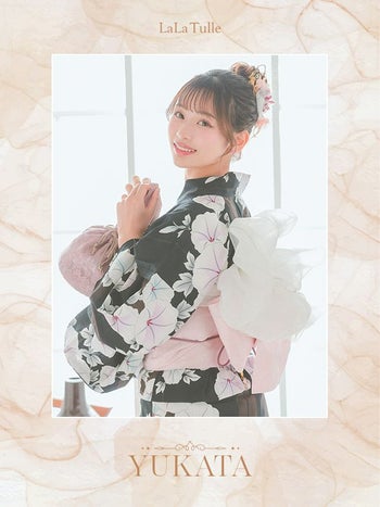 [浴衣 帯が選べる]黒色×朝顔柄 ゆかた3点SET[浴衣+平帯or作り帯+下駄][伊藤桃々着用]