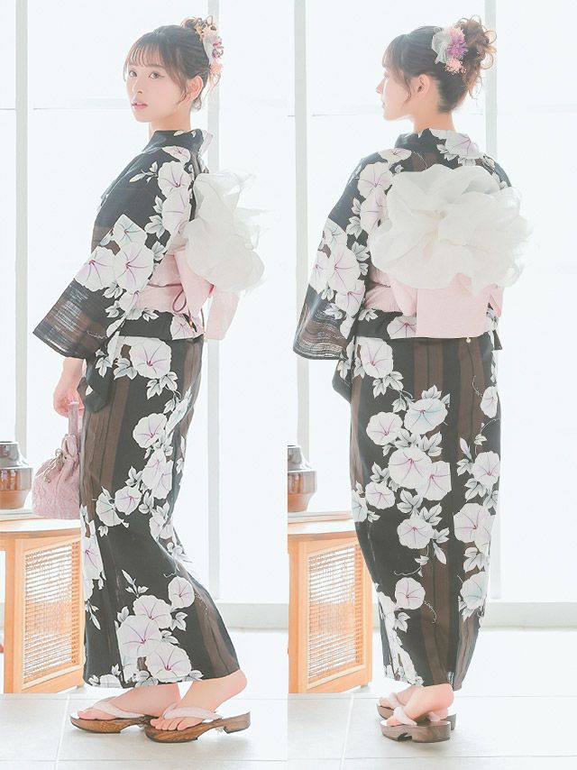 [浴衣 帯が選べる]黒色×朝顔柄 ゆかた3点SET[浴衣+平帯or作り帯+下駄][伊藤桃々着用]