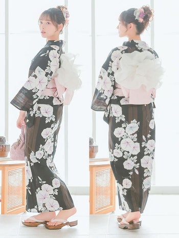 [浴衣 帯が選べる]黒色×朝顔柄 ゆかた3点SET[浴衣+平帯or作り帯+下駄][伊藤桃々着用]