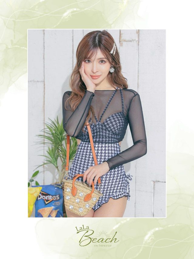 水着 シアートップス付き レースアップ 格子柄 フリル モノキニ ビキニ