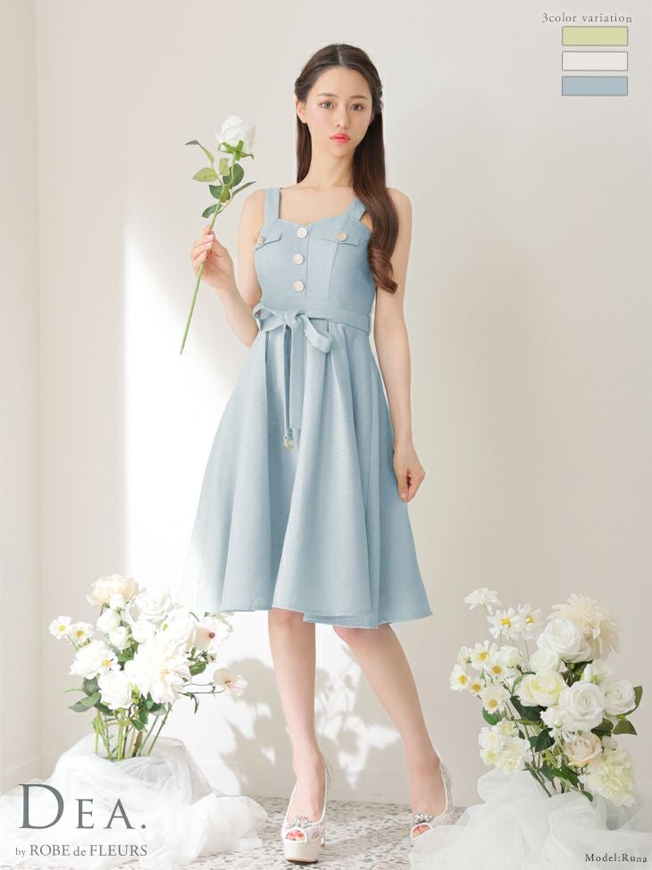 DEA by ROBEdeFLEURS[ディア バイ ローブドフルール]ワンカラー ツイード ノースリーブ リボンベルト フレア 高級ミニドレス[ブルー][Lあり][るな/キャバドレス着用][3125-1]