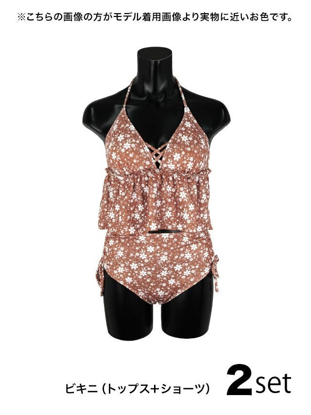 ガーリー小花柄ホルターネックペプラムビスチェハイウエストビキニ[ブラック][久保七瀬/水着着用]