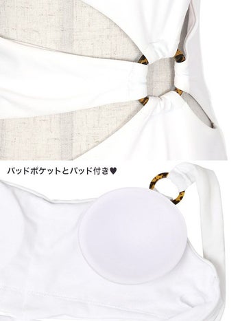 ウエストカットオープンリングデザインワンカラーモノキニビキニ[ホワイト][ゆんころ/水着着用]