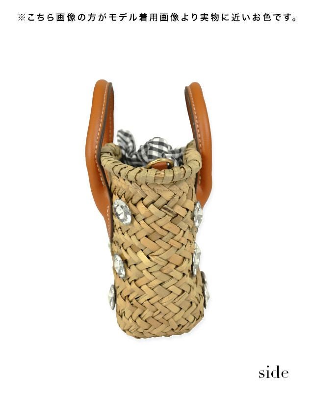 水着小物 2WAY ビジュー付き ギンガムチェック巾着 ミニかごバッグ