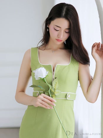 DEA by ROBEdeFLEURS[ディア バイ ローブドフルール]ノースリーブ フロントジップ ストレッチ タイト 高級ミニドレス[ライム][XS～Lサイズ][るな/キャバドレス着用][2765]