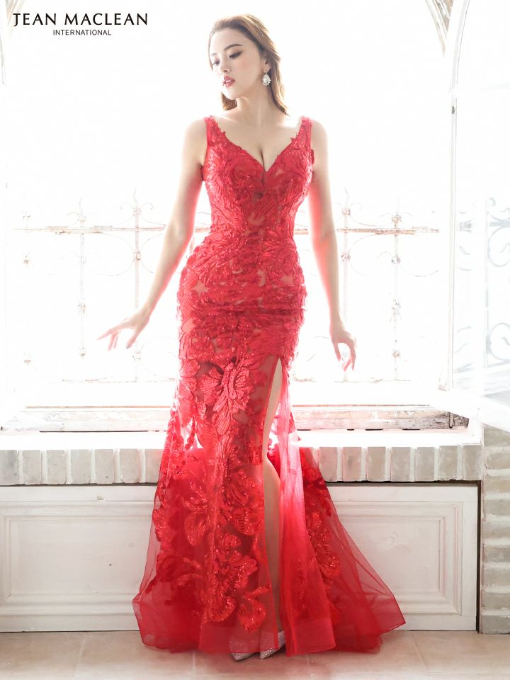 JEANMACLEAN[ジャンマクレーン]スパンコール 刺繍 スリット ノースリーブ Vネック スピンドル シアー ワンカラー マーメイド タイト 高級ロングドレス[レッド][Lあり][KAREN/キャバドレス着用][31379]