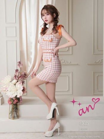 an[アン]チェック柄 リボンショルダー タイト 高級ミニドレス[オレンジ][一条響/キャバドレス着用][3471]