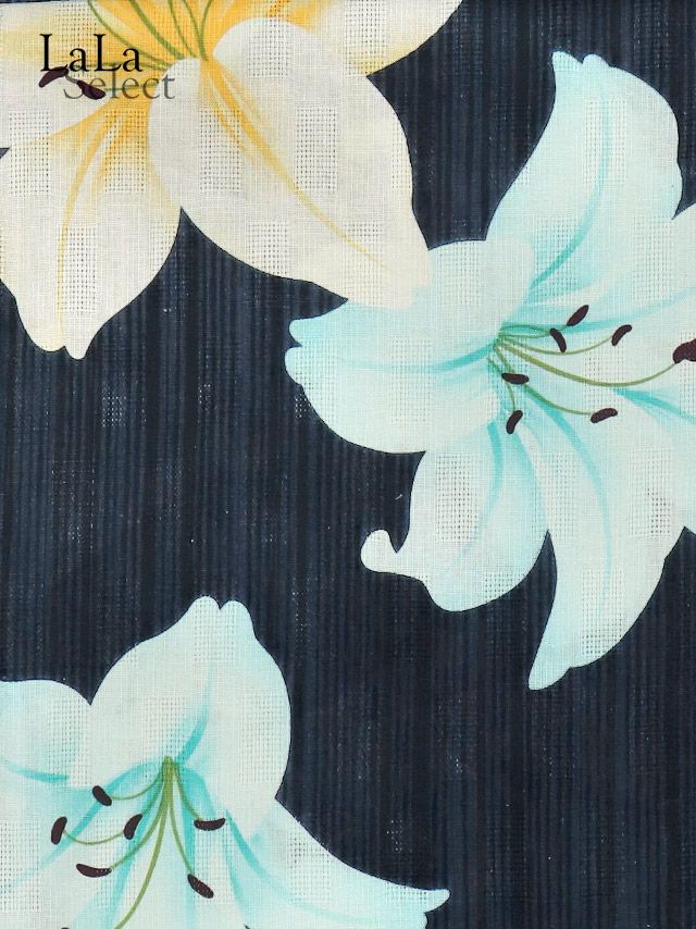 [浴衣]紺色×二色百合柄 ゆかた3点SET[浴衣+兵児帯+下駄][ゆんころ着用]