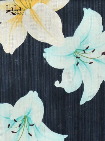 [浴衣]紺色×二色百合柄 ゆかた3点SET[浴衣+兵児帯+下駄][ゆんころ着用]