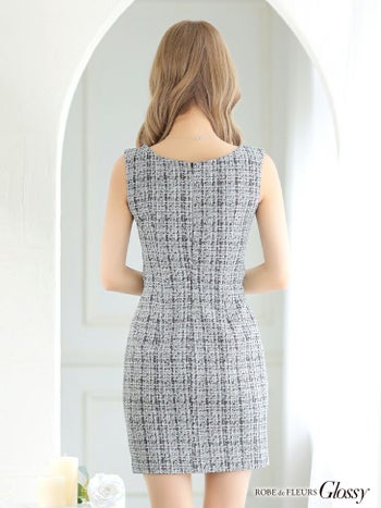 ROBEdeFLEURS Glossy[ローブドフルール グロッシー]サマーツイード ノースリーブ ウエストマーク タイト 高級ミニドレス[オレンジ][XS/Lあり][るな/キャバドレス着用][2851-1]