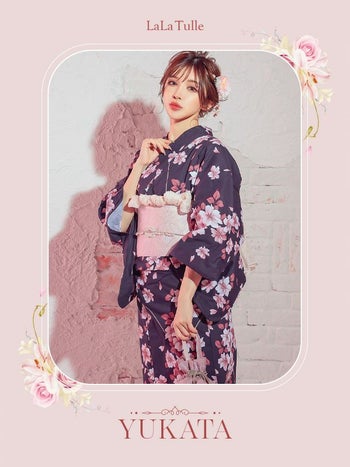 [浴衣 帯が選べる]紺色×桜柄 ゆかた3点SET[浴衣+平帯or作り帯+下駄][ゆんころ着用]