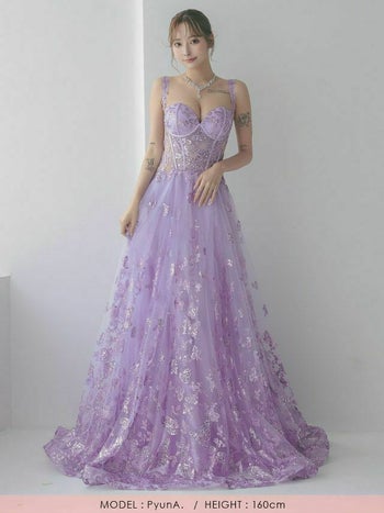 [インポート]バタフライモチーフ キャミソール コルセット風 チュール フレア ロングドレス[Lあり][ラベンダー/スモークブルー]