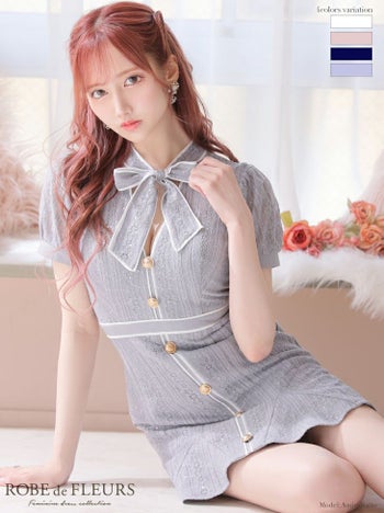 ROBE de FLEURS[ローブドフルール]レース×リボン バイカラー 半袖 フレア 高級ミニドレス[ブルー][XS/Lあり][斎藤あみり/キャバドレス着用][2944-2]