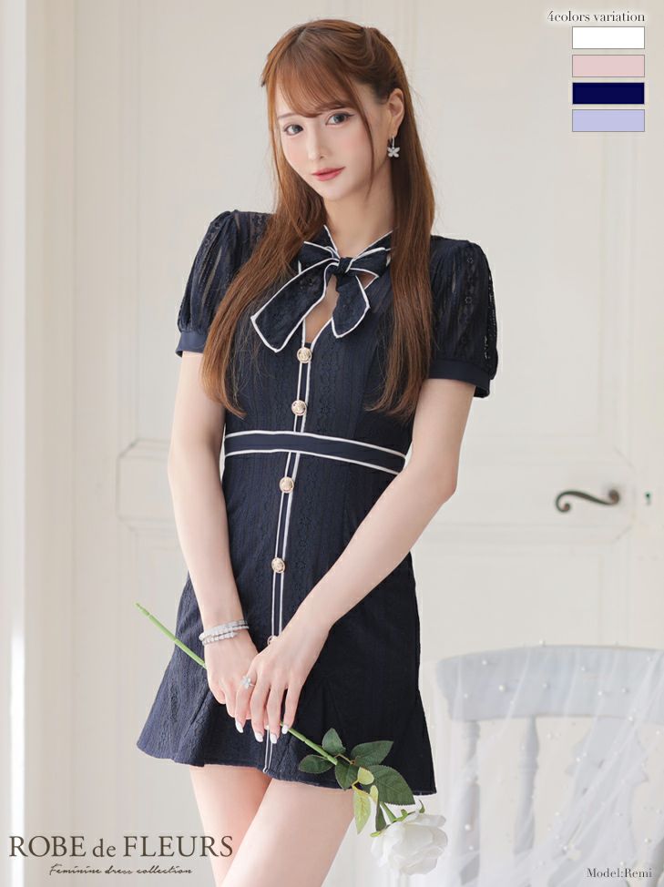 ROBE de FLEURS[ローブドフルール]レース×リボン バイカラー 半袖 フレア 高級ミニドレス[ブルー][XS/Lあり][斎藤あみり/キャバドレス着用][2944-2]